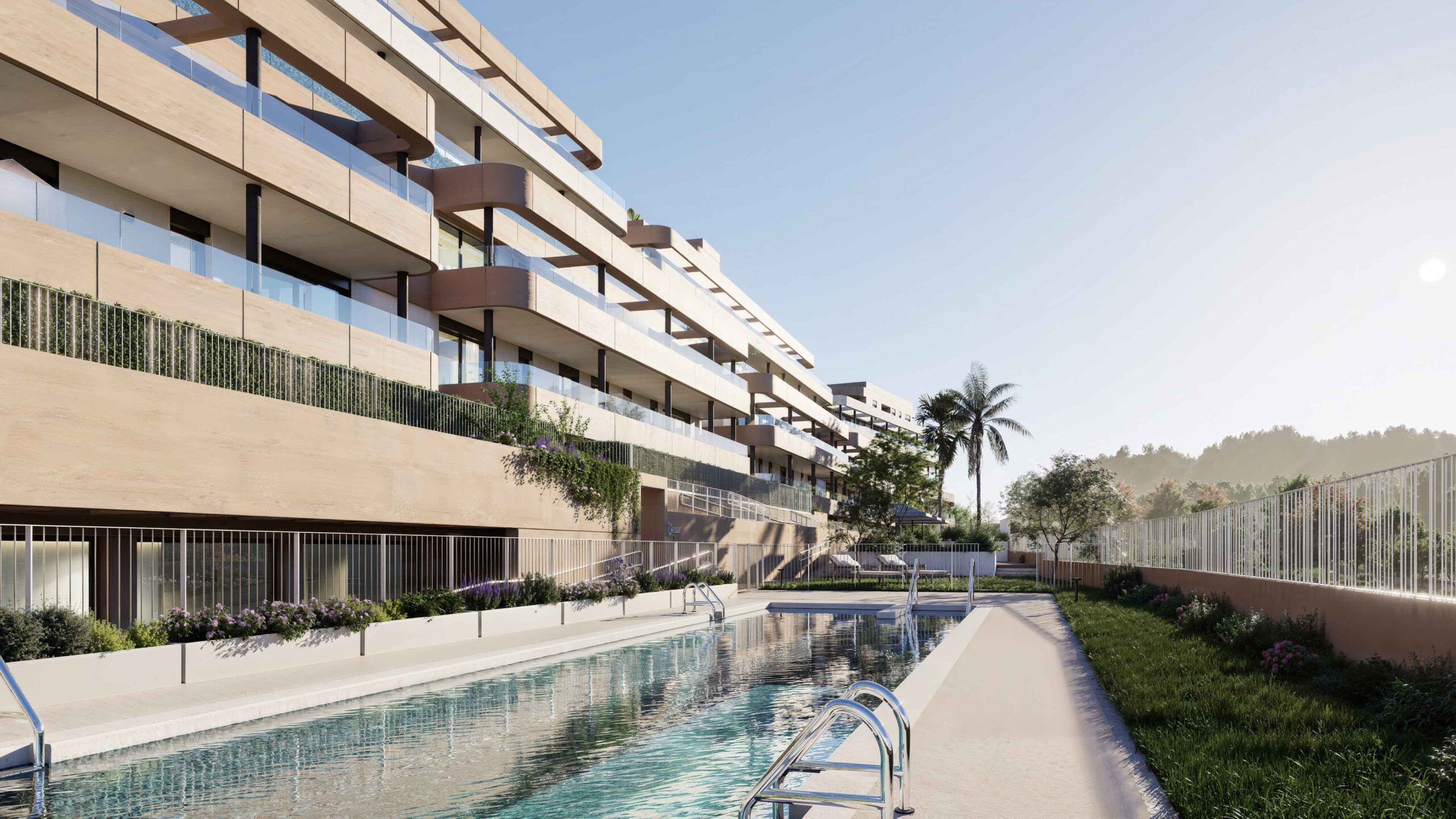 Eagle Hills apartments and an outdoor communal swimming pool.