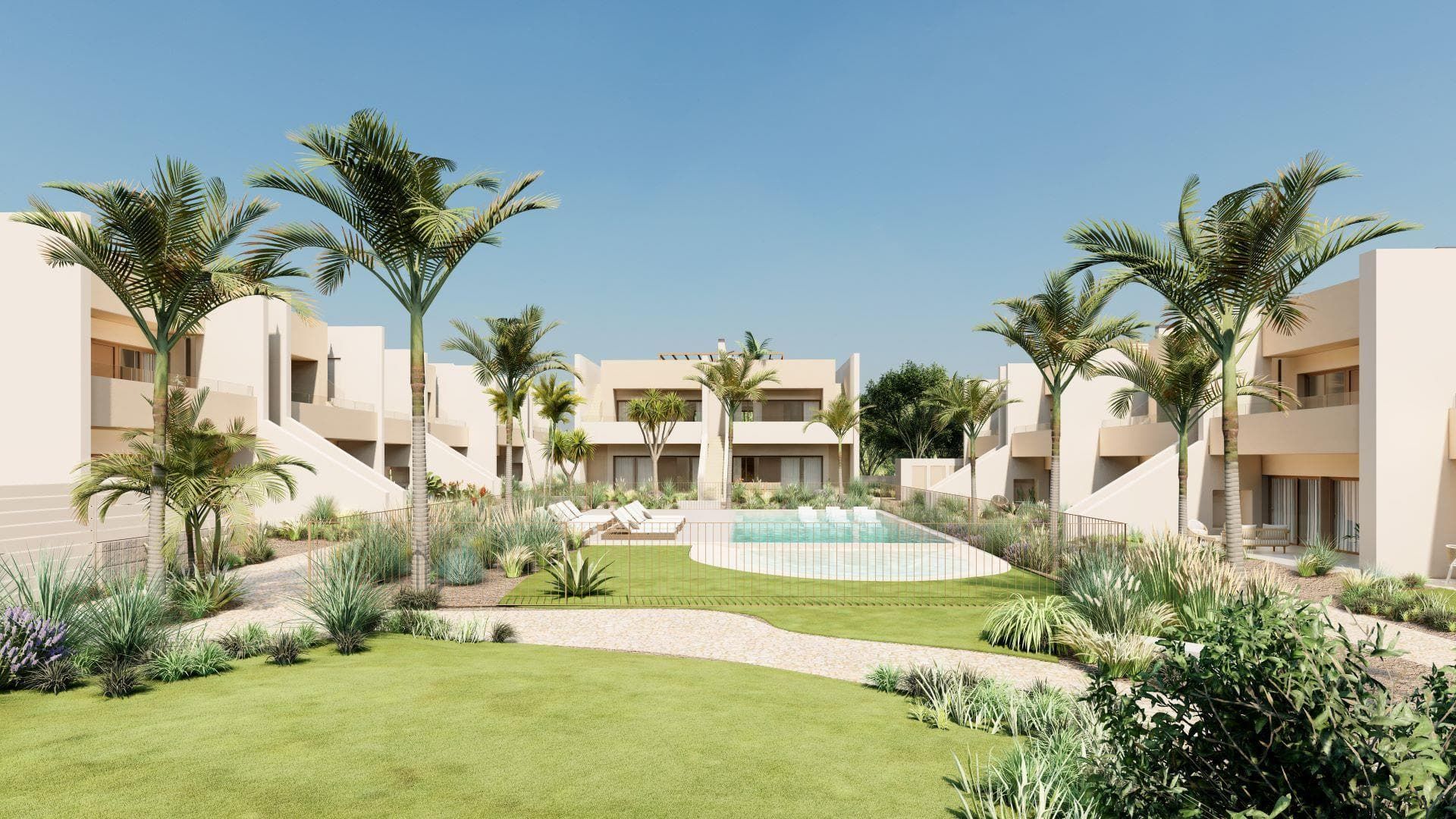 Representative rendering of a landscaped apartment courtyard and communal pool