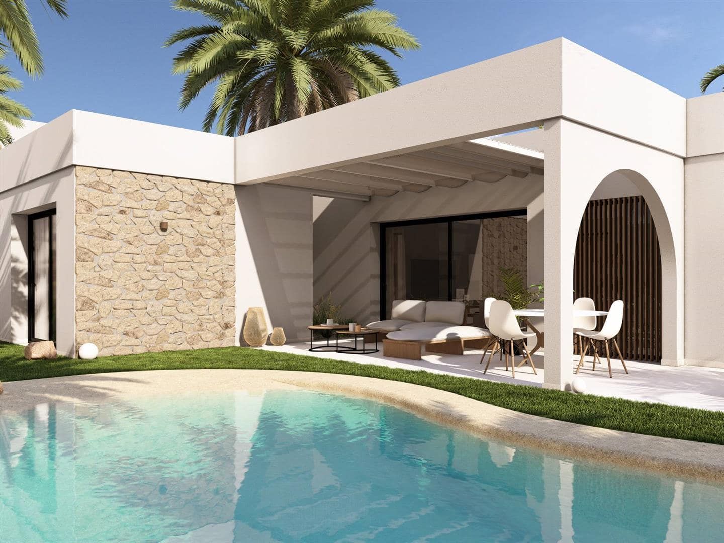 Representative rendering of a contemporary single-level villa beside a curved swimming pool