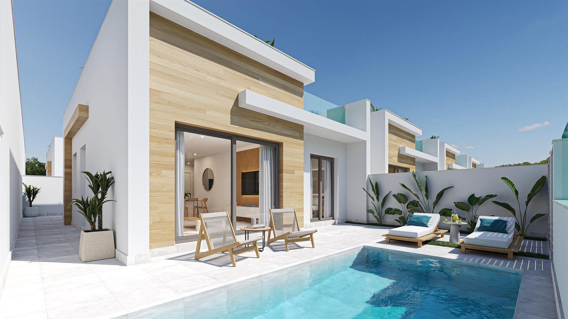 Representative rendering of a modern single-level villa beside a furnished pool terrace in daylight