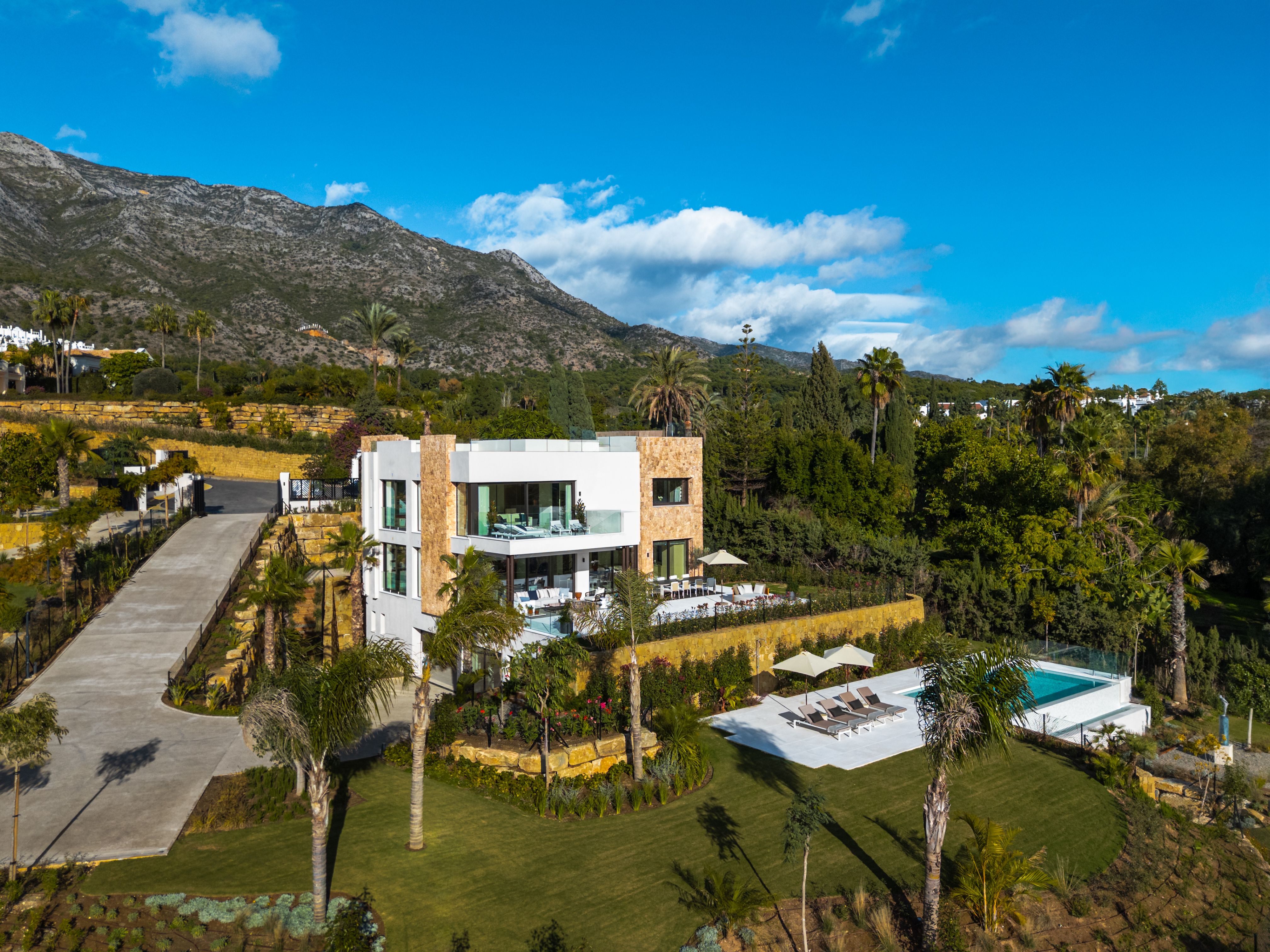 Villa Harmony aerial exterior with private pool and landscaped plot