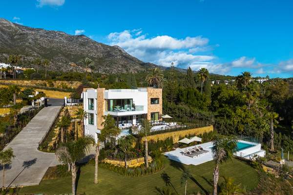 Villa Harmony aerial exterior with private pool and landscaped plot