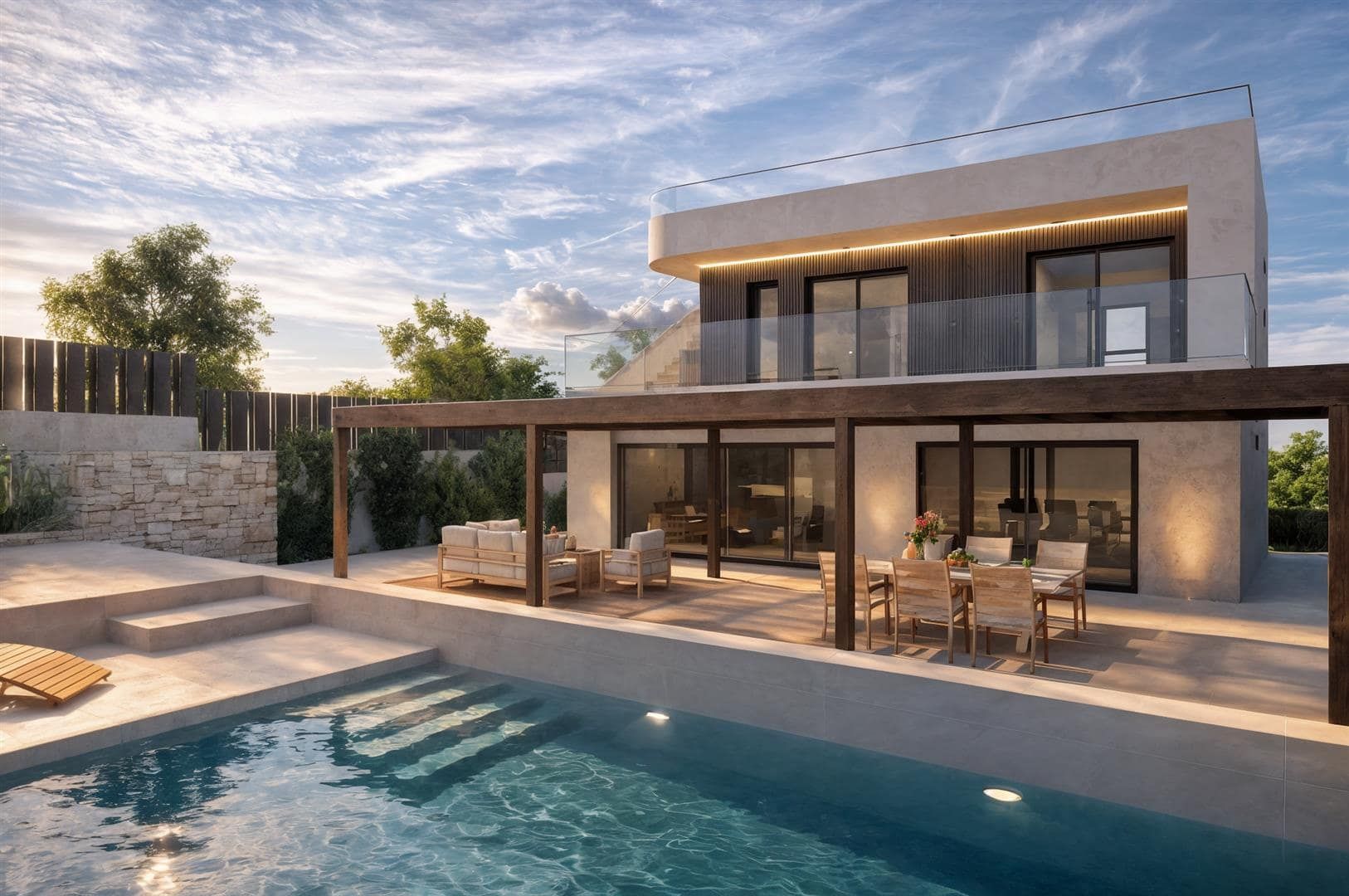 Representative golden-hour rendering of a contemporary two-storey villa with a covered terrace and swimming pool