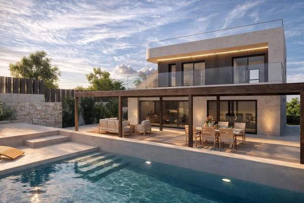 Representative golden-hour rendering of a contemporary two-storey villa with a covered terrace and swimming pool