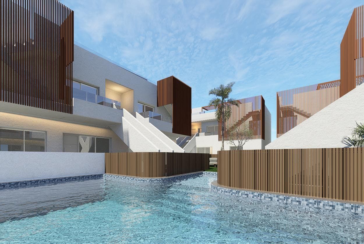 Representative daylight rendering of contemporary apartment-style homes around a swimming pool