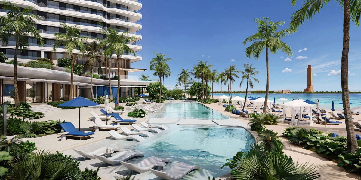 Architectural visualisation of the beachfront pool and residences at Nikki Beach Residences on Al Marjan Island.