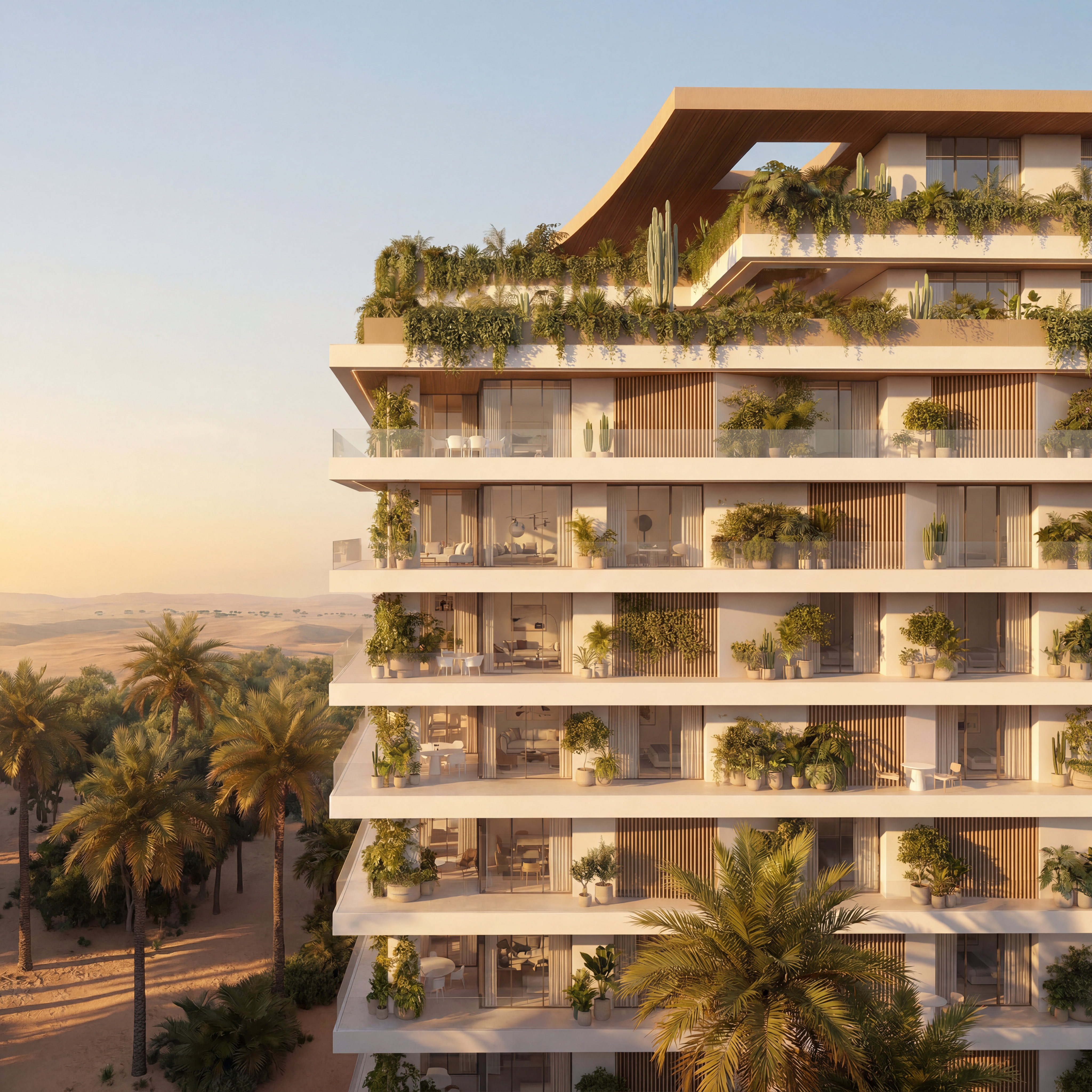 Corner of Lunaya Terraces with stepped planted terraces, glass balustrades and a sweeping timber roof canopy at golden hour