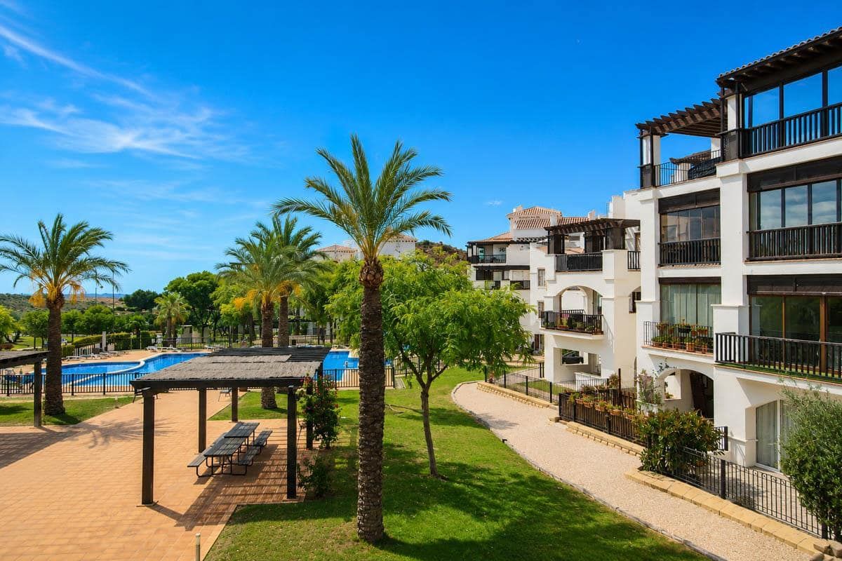 Elevated view across the landscaped pool courtyard and apartment buildings