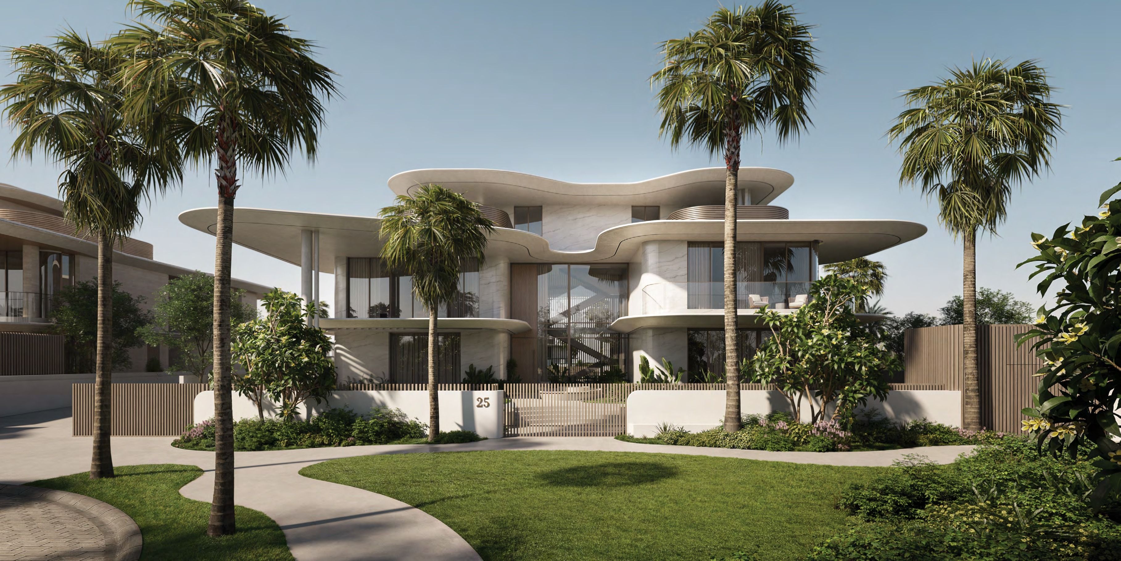 Landscaped front elevation of a contemporary villa, representative imagery supplied for Faya Al Saadiyat Villa 10.