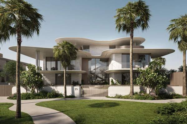 Landscaped front elevation of a contemporary villa, representative imagery supplied for Faya Al Saadiyat Villa 10.