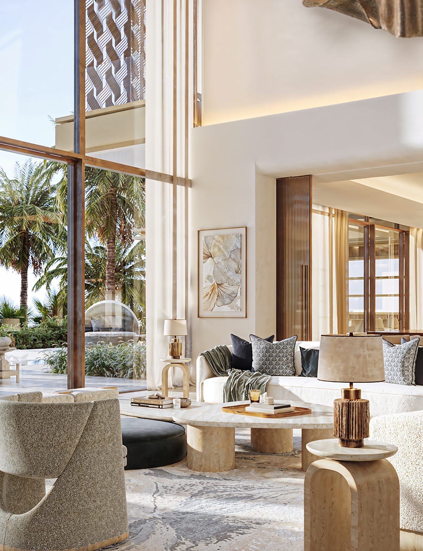 Double-height living room at Four Seasons Private Residences Saadiyat Beach.
