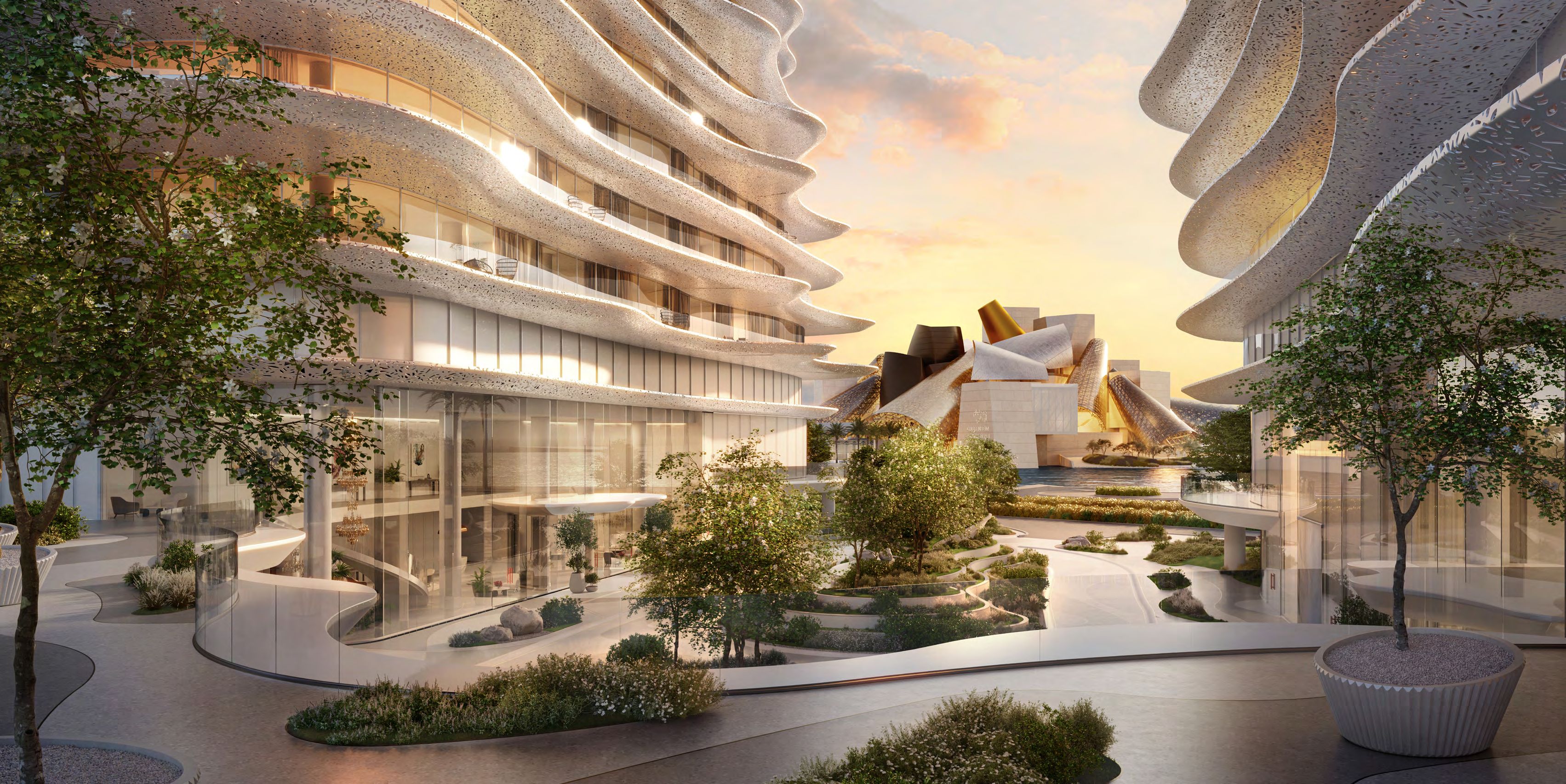 Baccarat Residences Saadiyat buildings and landscaped courtyard beside Guggenheim Abu Dhabi.