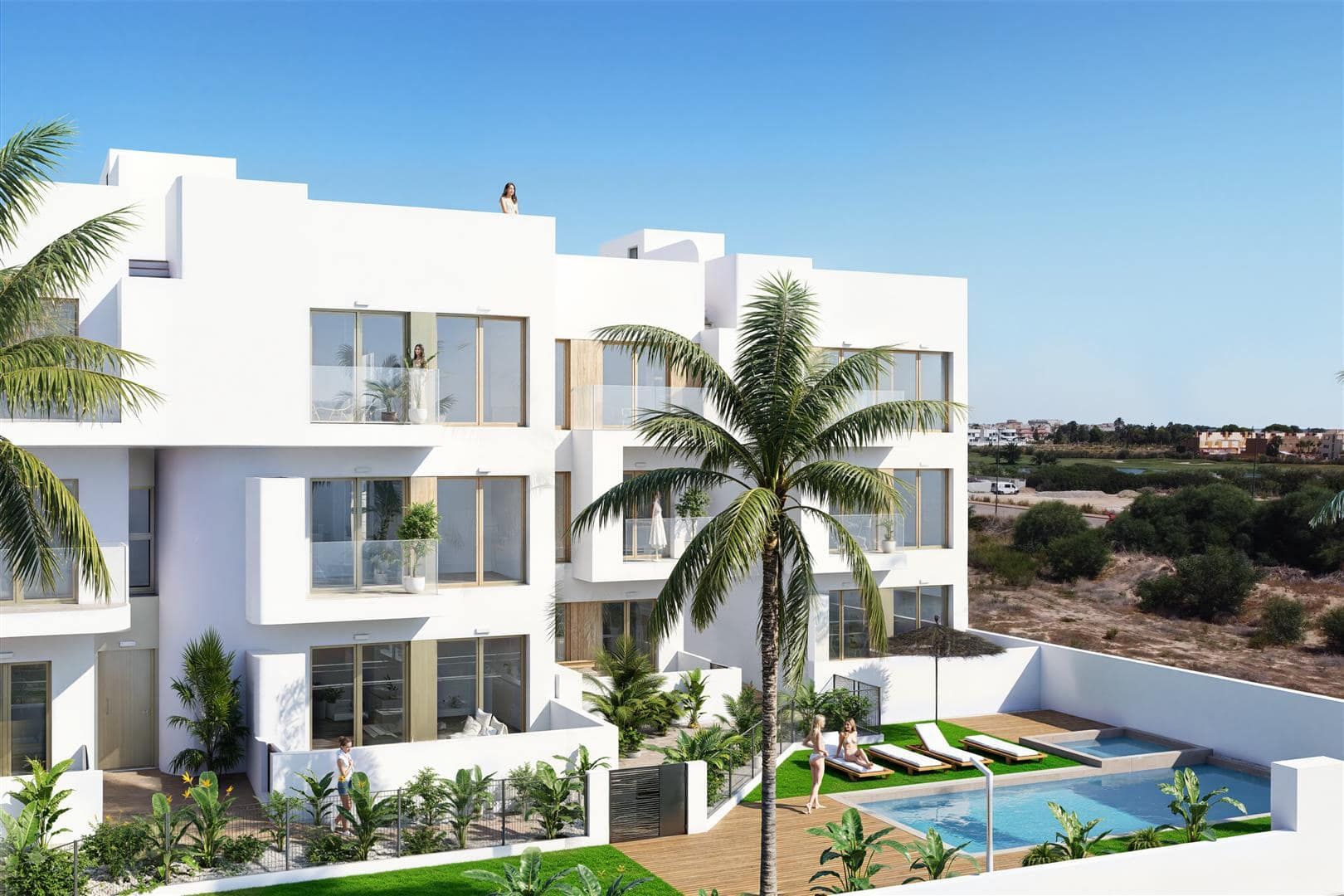 Representative daylight rendering of contemporary apartment buildings beside a swimming pool