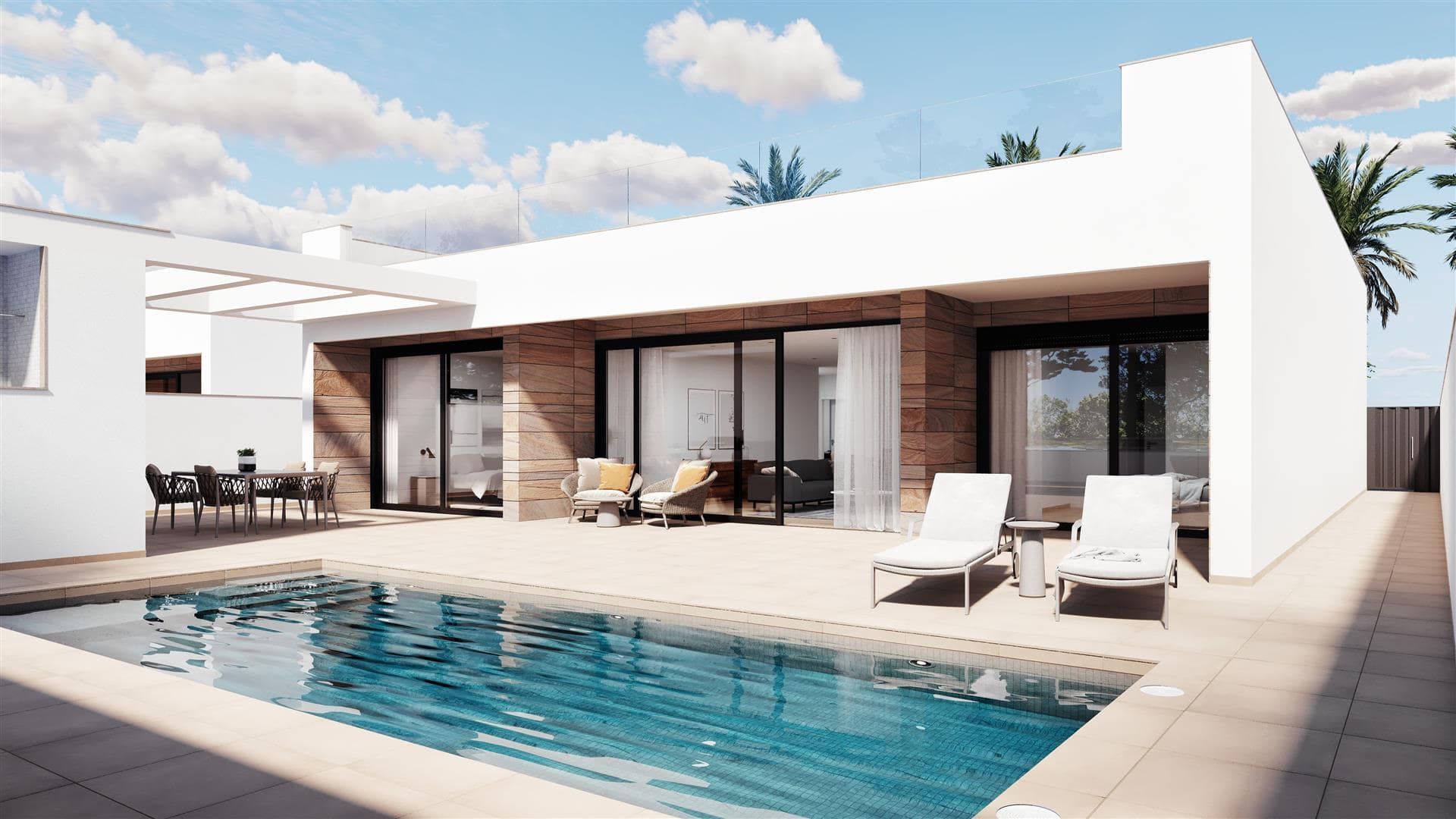 Representative rendering of a contemporary white villa beside a swimming pool and furnished terrace in daylight