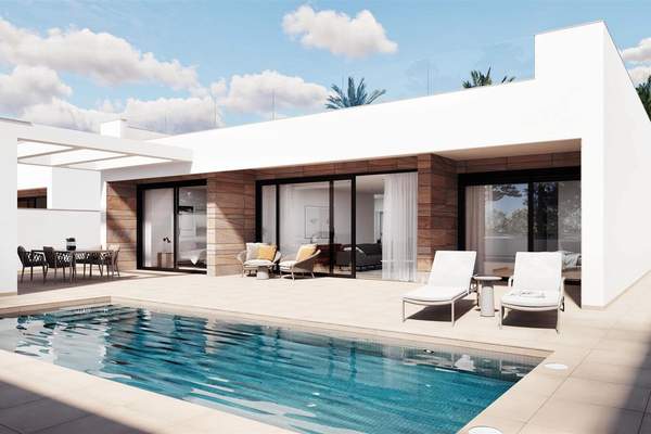 Representative rendering of a contemporary white villa beside a swimming pool and furnished terrace in daylight