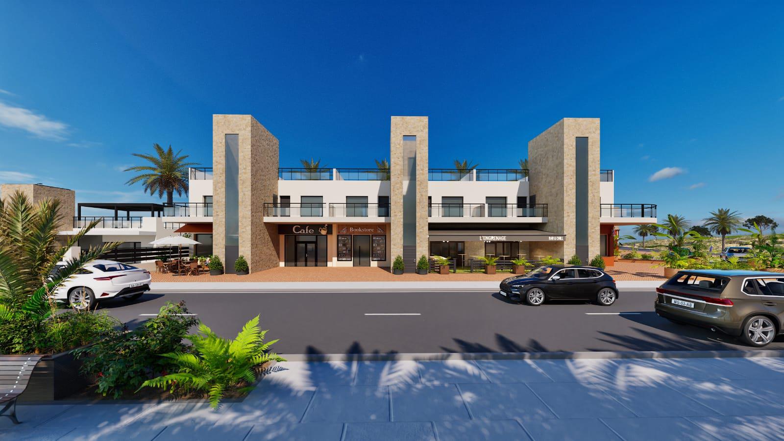 Computer-generated visual of the apartment building with roof terraces, stone-clad pylons and palm planting