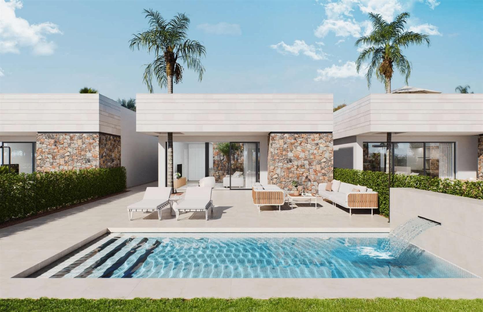 Representative rendering of a single-level villa terrace and swimming pool