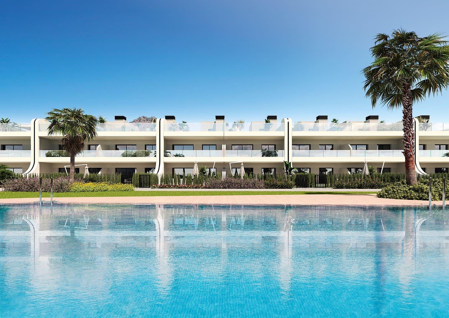 Computer-generated visual of the apartment block behind the communal swimming pool and palms