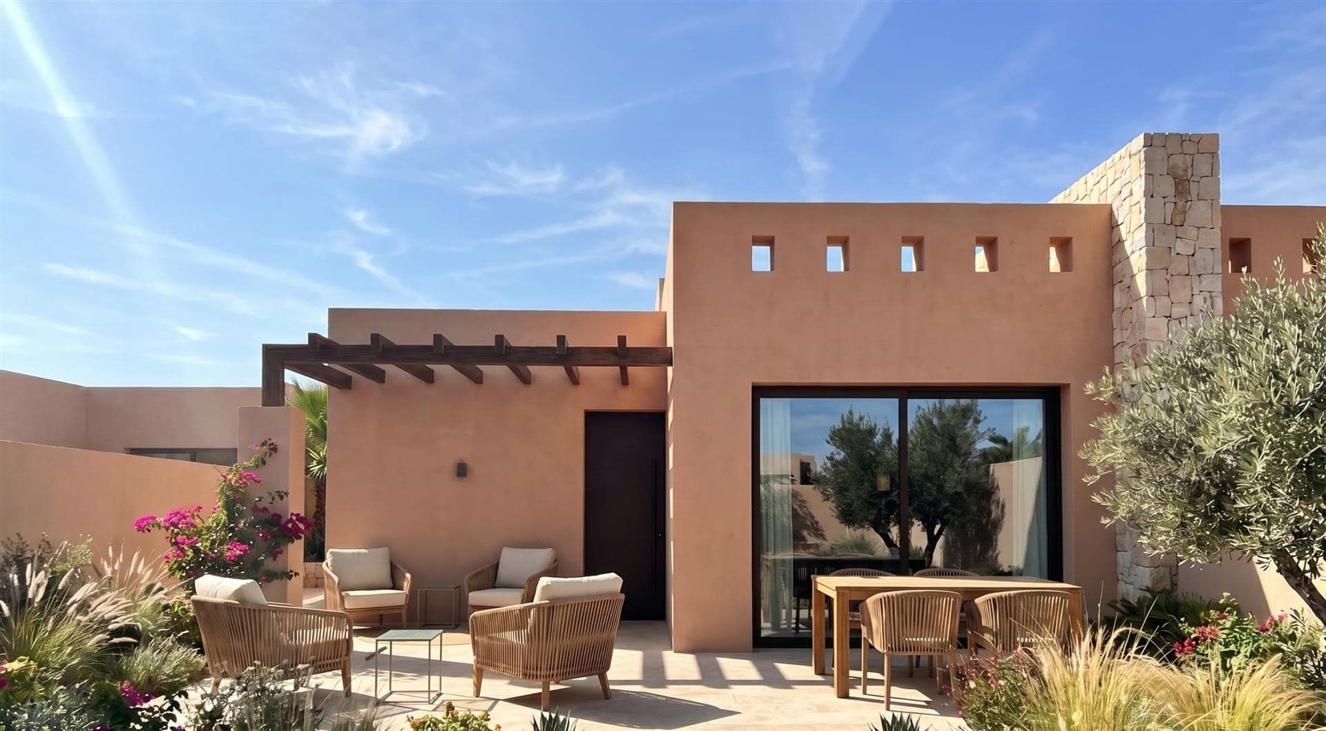 Daylight view of a terracotta-coloured contemporary home with a furnished patio and landscaped planting