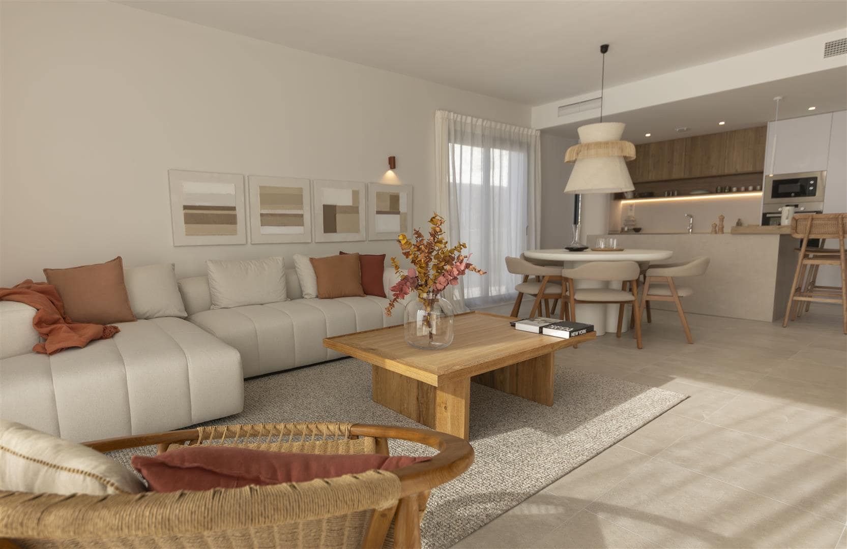 Representative show-home photograph of an open-plan living room with dining area and fitted kitchen