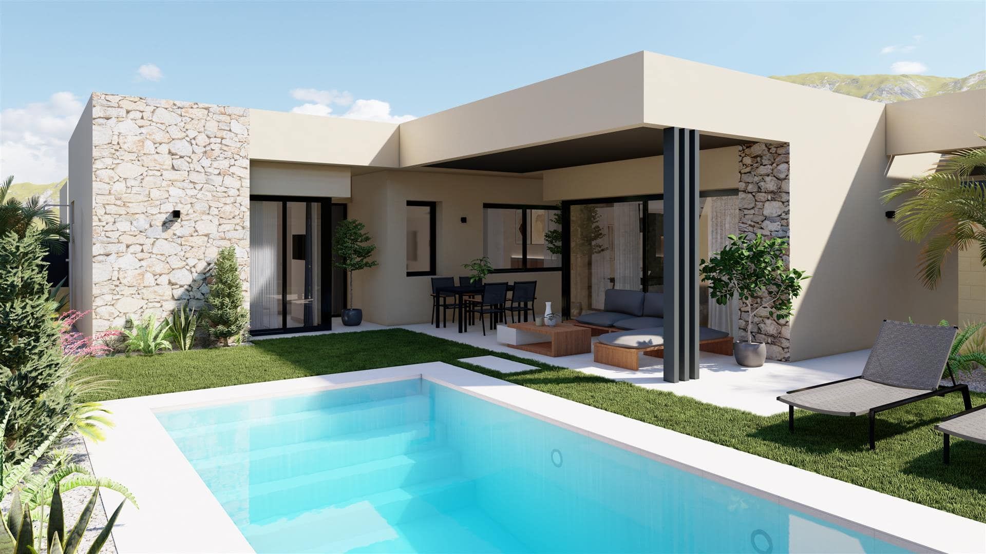 Representative rendering of a single-level villa with stone facade, garden terrace and swimming pool in daylight