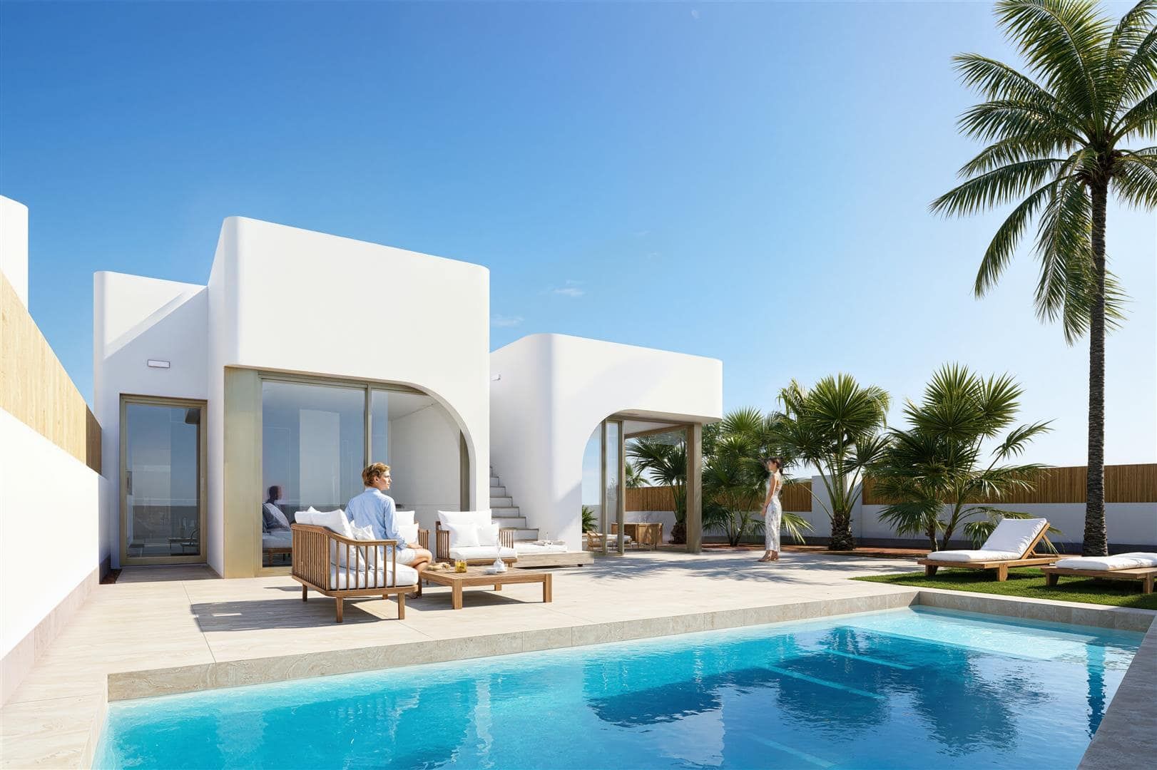 Representative daylight rendering of a contemporary villa beside a furnished terrace and swimming pool