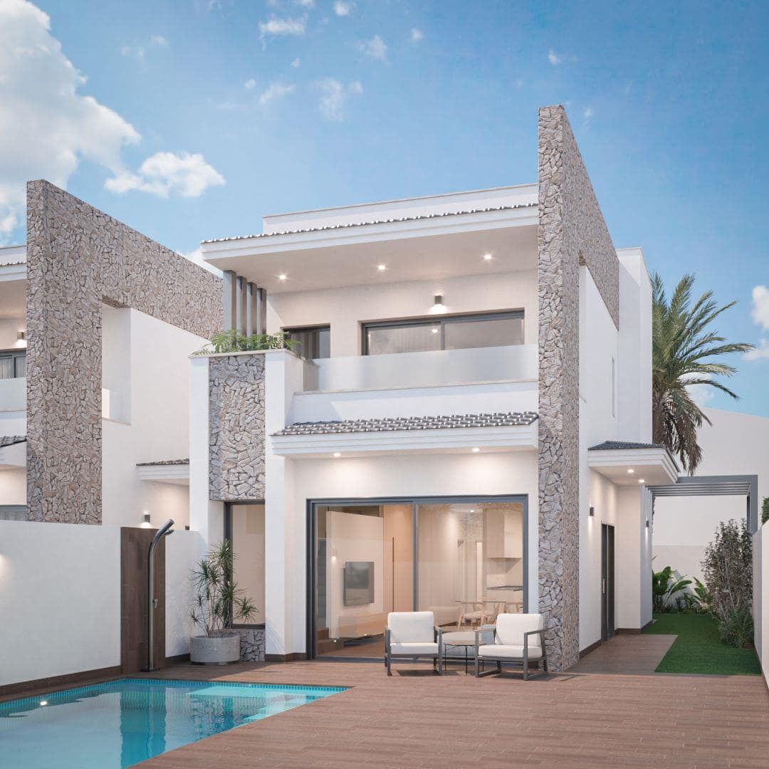 Representative daylight rendering of a contemporary two-storey home with a terrace and swimming pool
