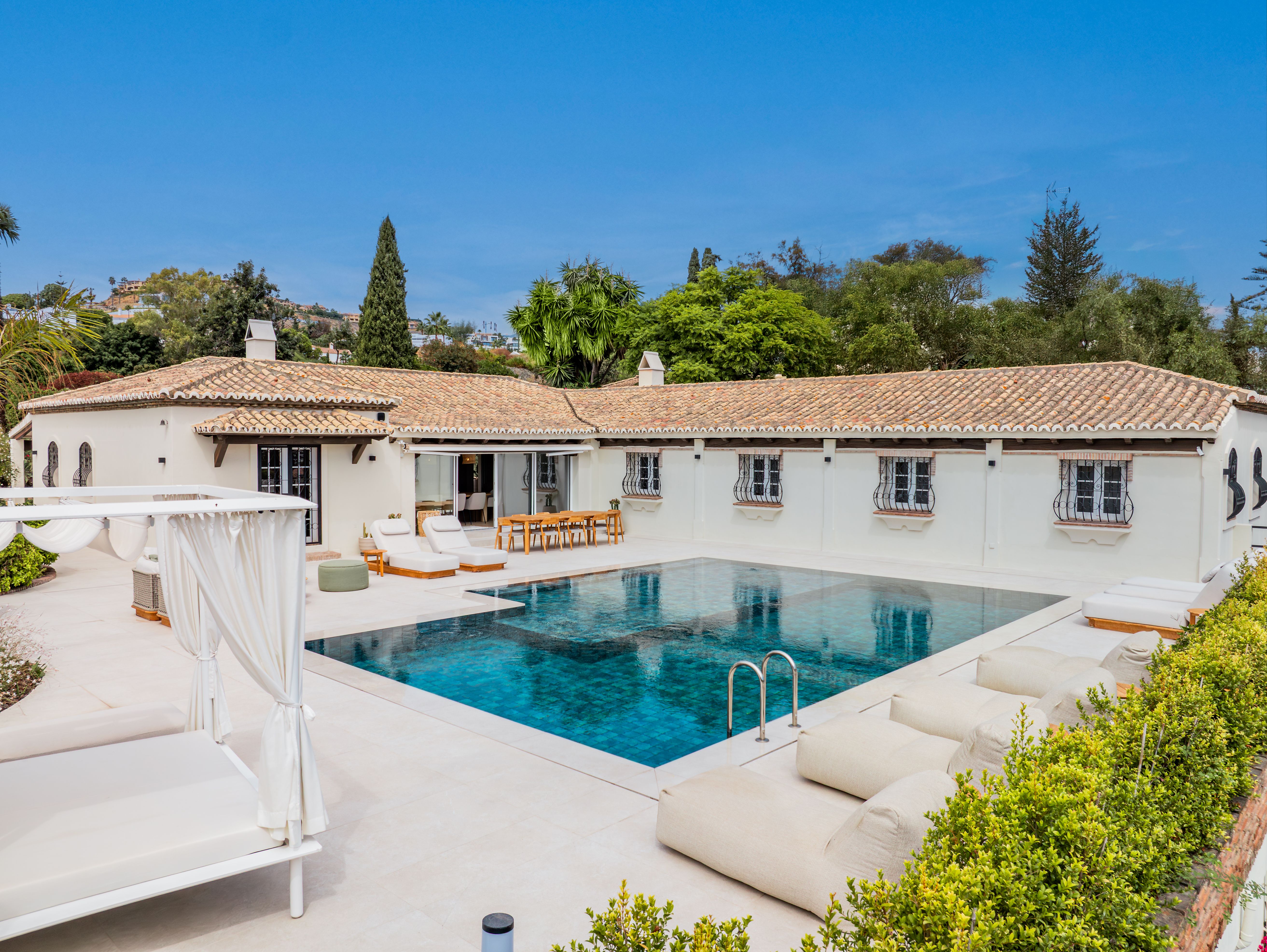 Pool-facing exterior of Casa Noora with its private swimming pool and terrace.