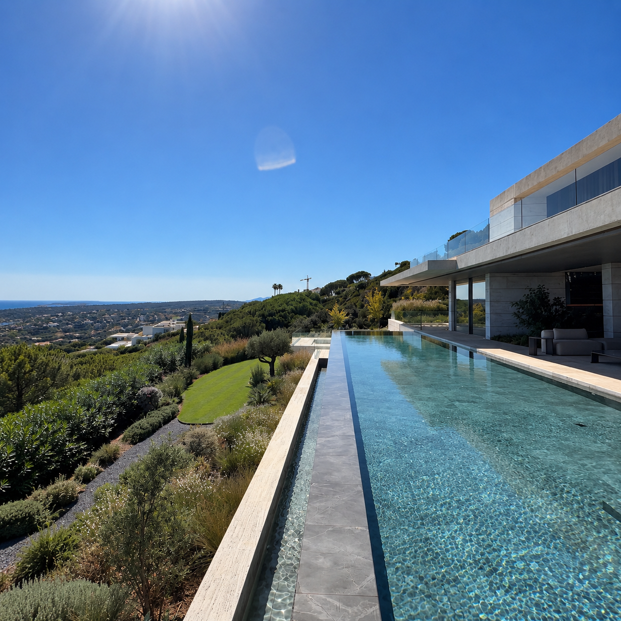 Long infinity pool beside a contemporary villa with landscaped hillside and distant views.