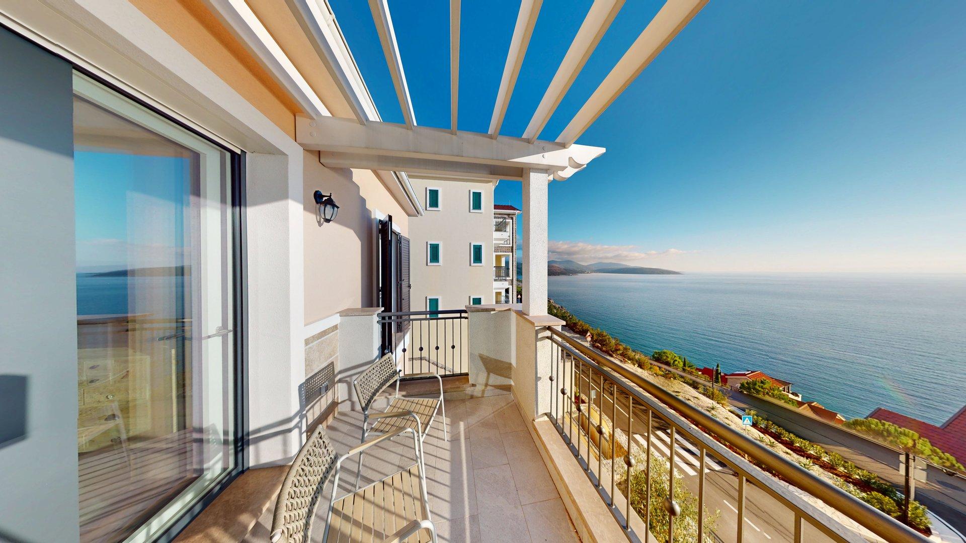 Private terrace with open Adriatic sea view at Apartment I823 in Marina Village, Luštica Bay