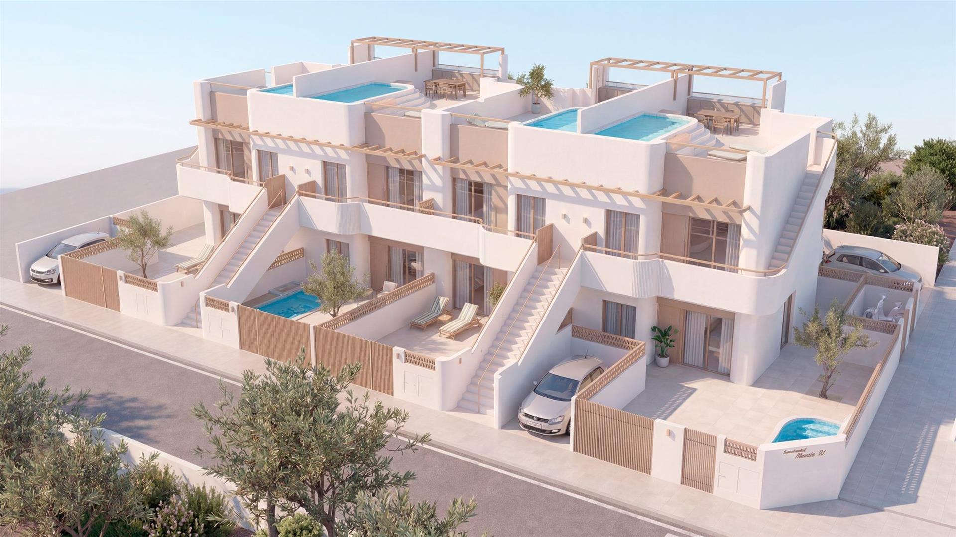 Representative rendering of contemporary two-level homes with terraces, external stairs and small pools in daylight