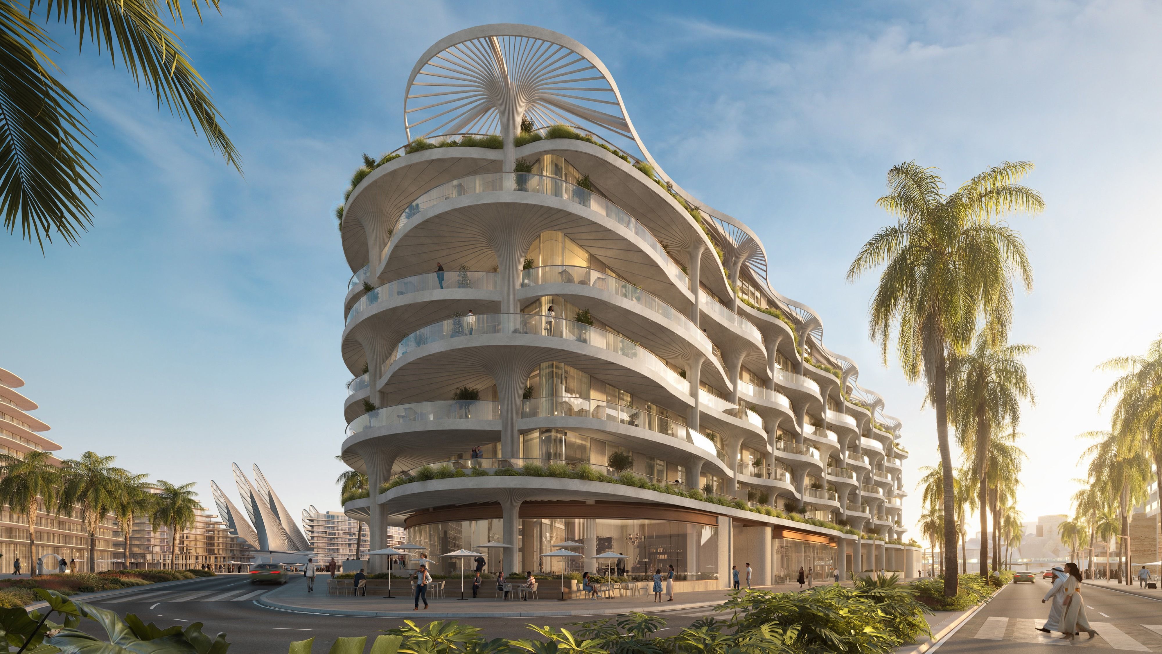 Artist's rendering of Mamsha Palm's curved, palm-inspired frontage on Saadiyat Island