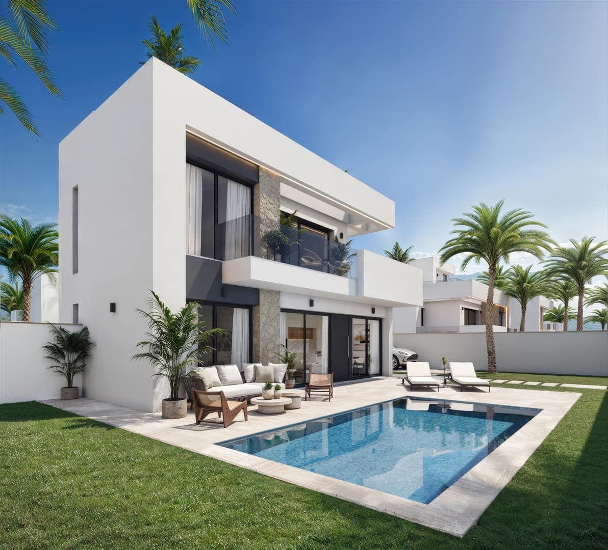 Representative daylight rendering of a white contemporary two-storey home with a furnished patio and swimming pool
