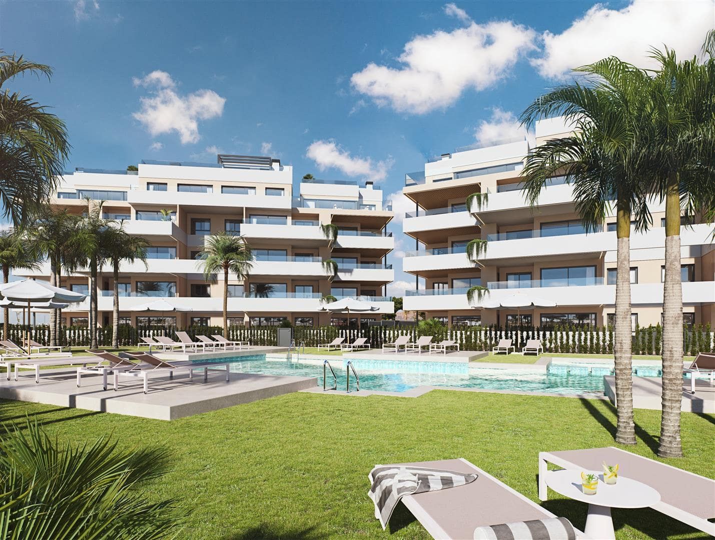 Representative rendering of apartment buildings beside a landscaped communal swimming pool in daylight