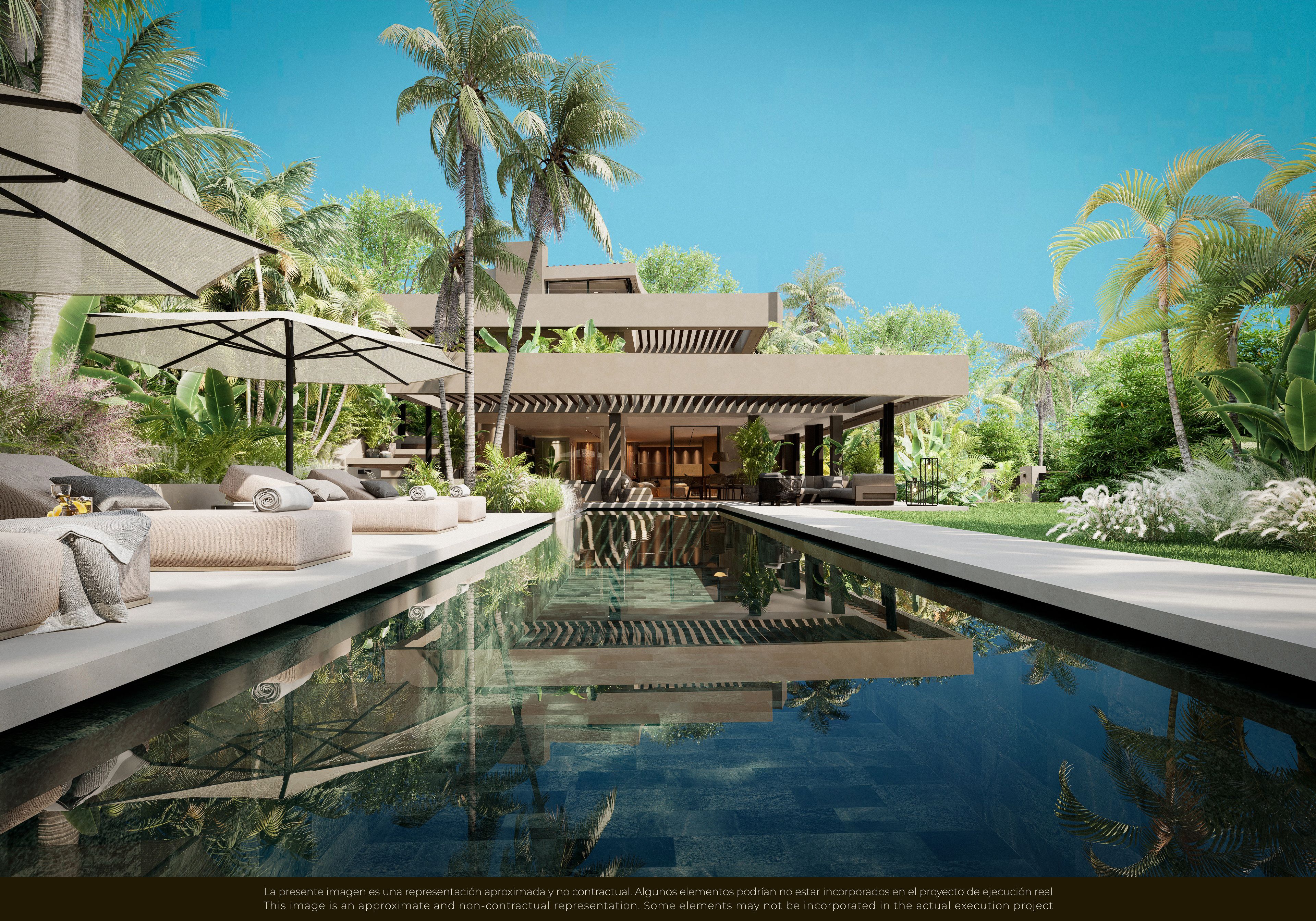 Villa Èlan CGI/render hero candidate showing the villa exterior, pool, garden landscaping and outdoor seating in Nueva Andalucia; draft review only.