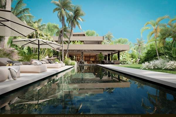 Villa Èlan CGI/render hero candidate showing the villa exterior, pool, garden landscaping and outdoor seating in Nueva Andalucia; draft review only.