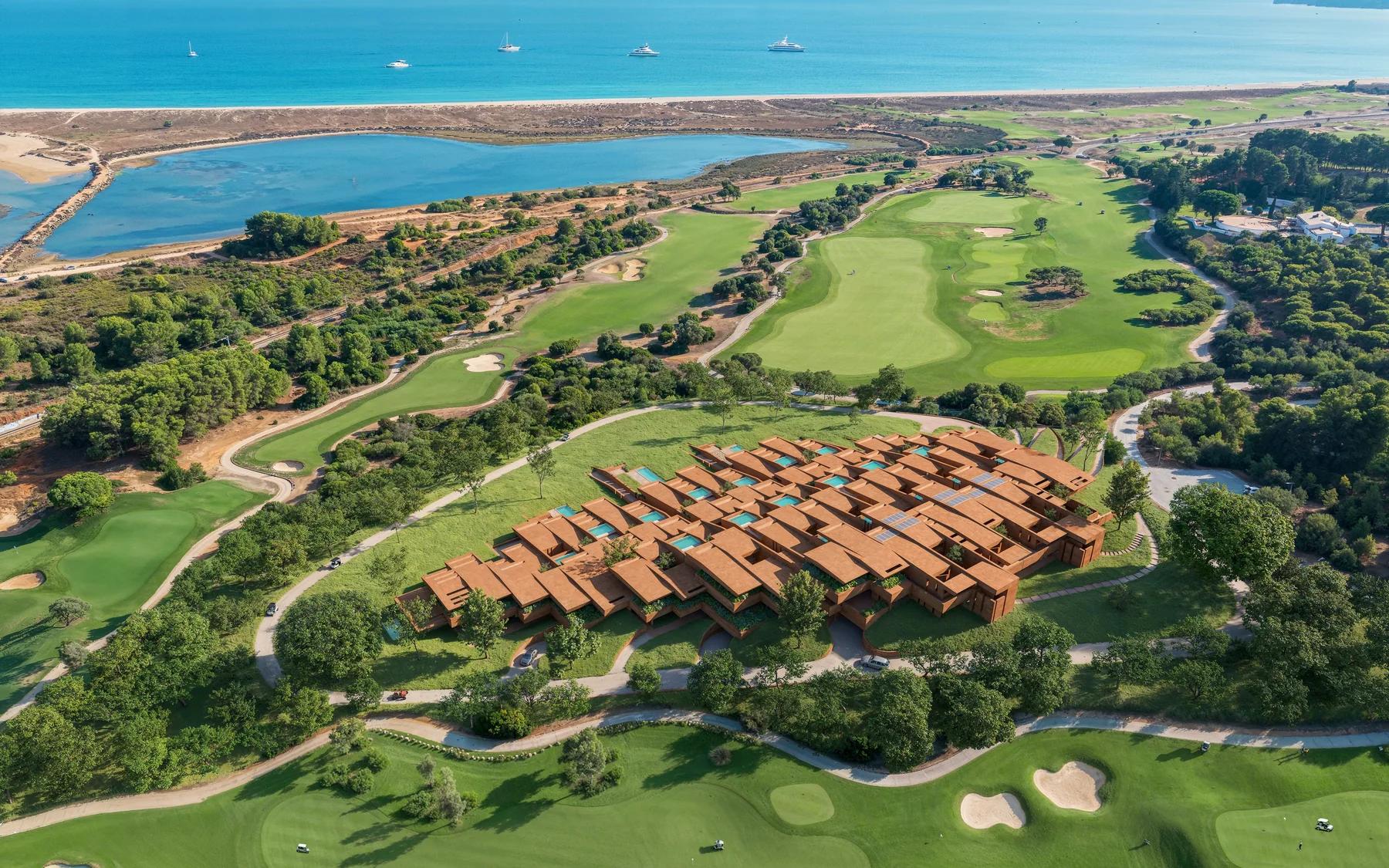 Aerial view over Palmares golf, resort and the Atlantic coastline