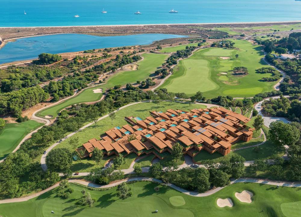 Aerial view over Palmares golf, resort and the Atlantic coastline