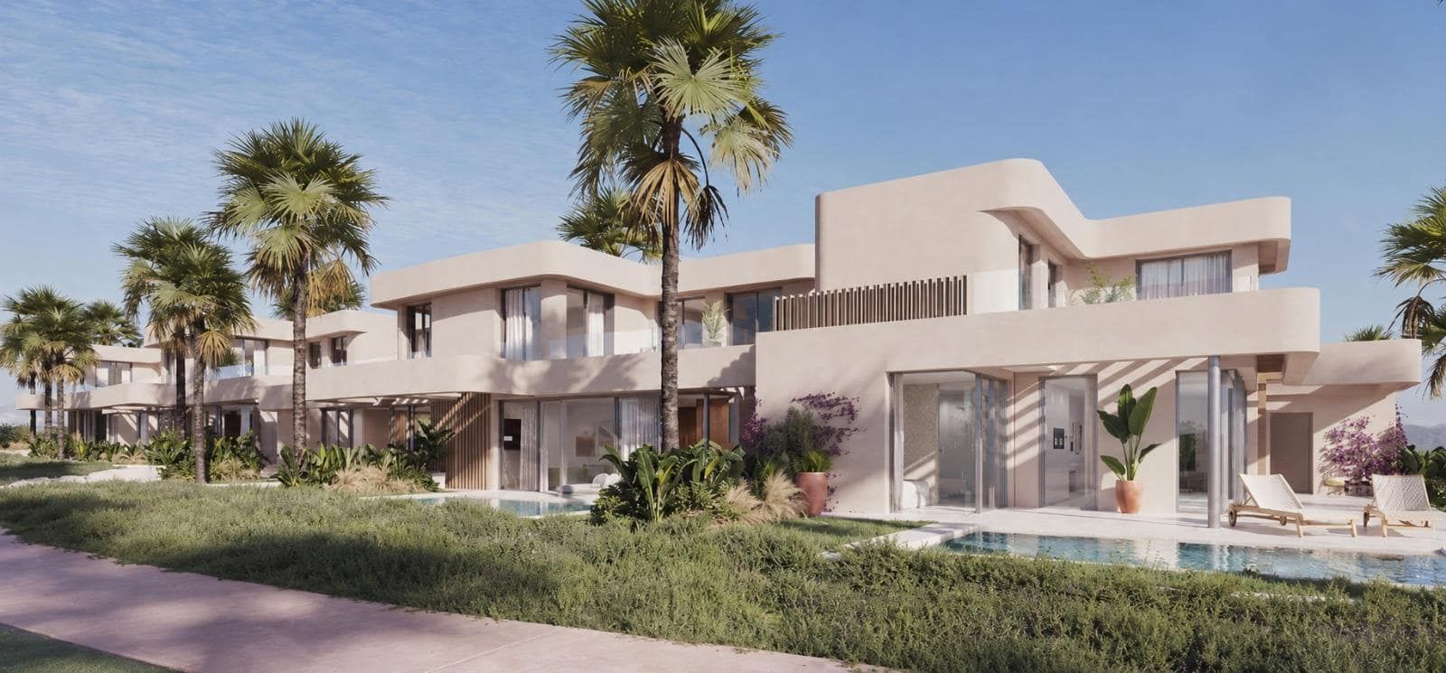 Representative daylight rendering of contemporary villas with landscaped gardens and swimming pools