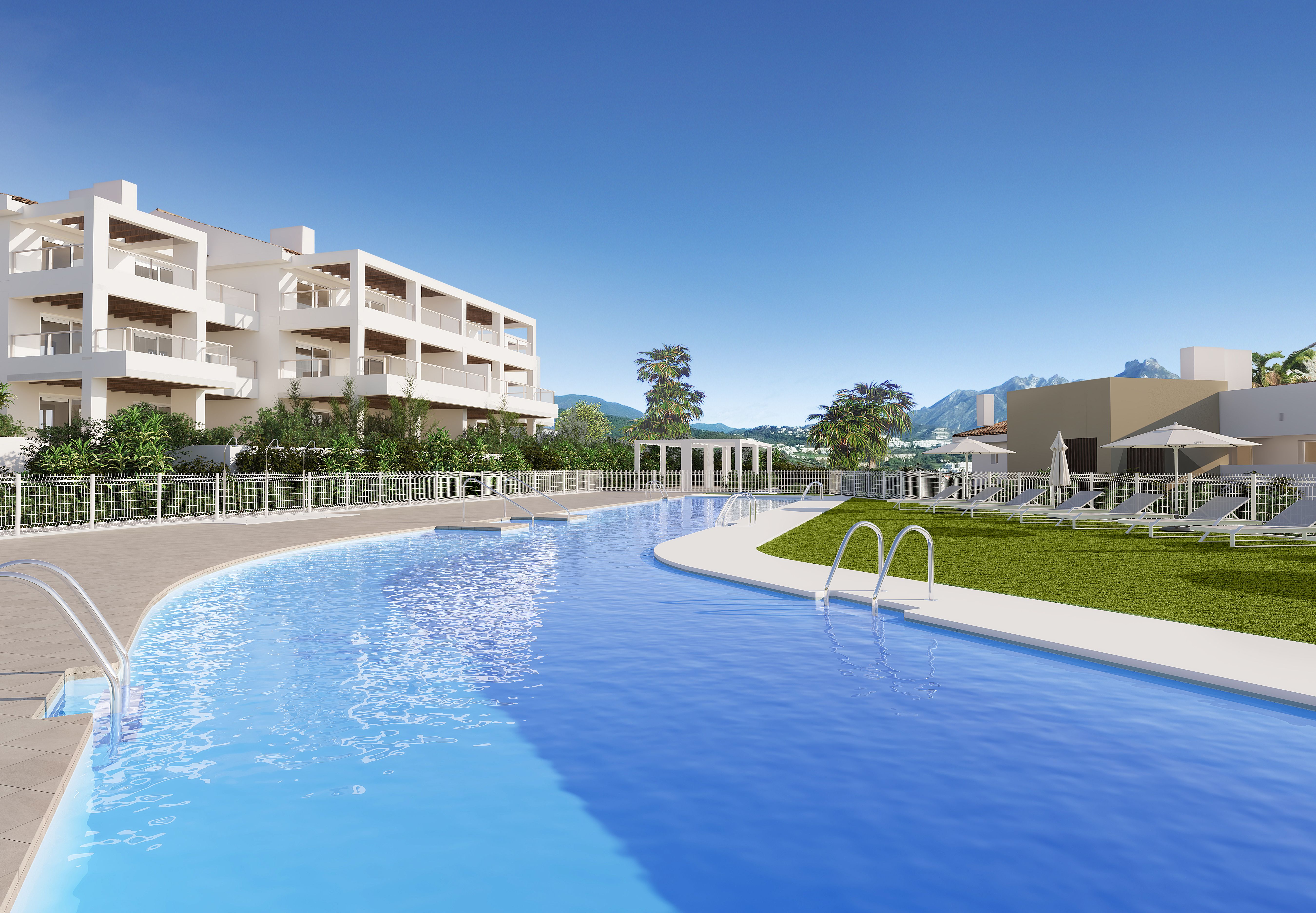 CGI view of Altura 160 apartments beside the proposed swimming pool in Benahavís.