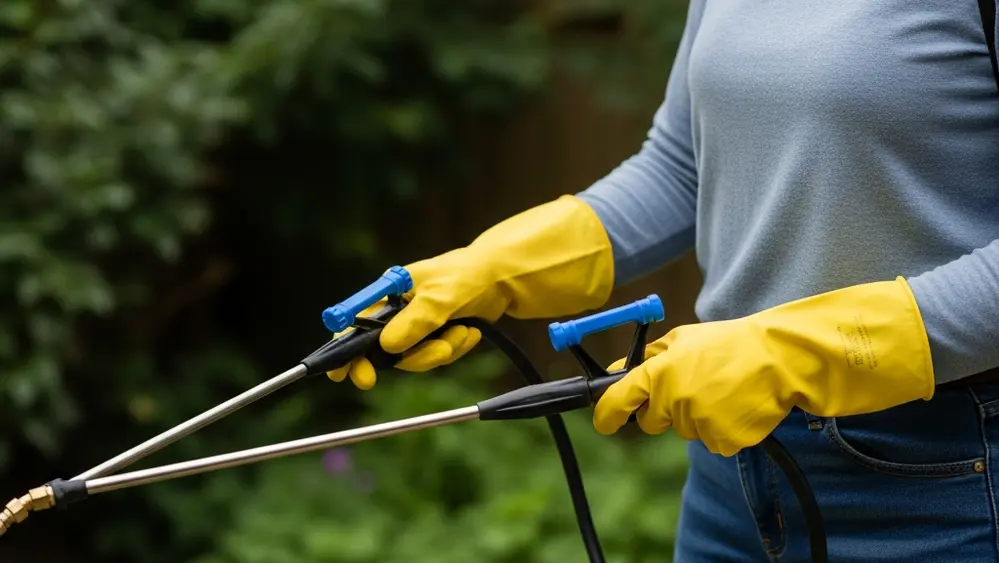 A close-up of a person wearing protective yellow gloves and a face mask while operating a manual garden sprayer in a lush green backyard.