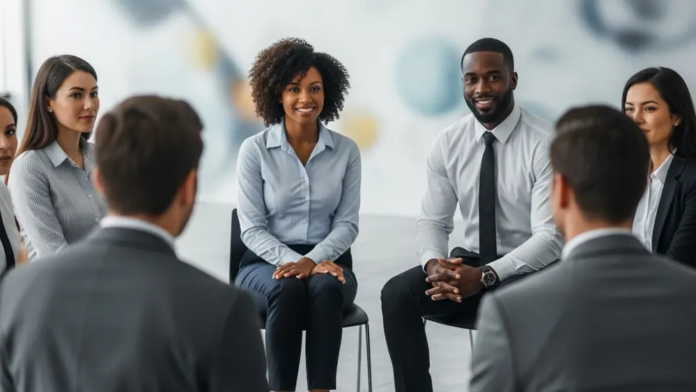 A diverse group of professional employees sitting in a circle during a workplace safety and ethics seminar in a brightly lit office.