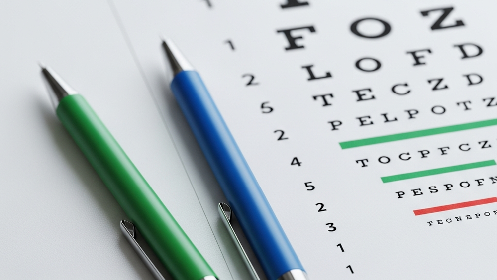 A close-up view of two medical injection pens, one green and one blue, resting on a white clinical surface next to an eye chart used for vision testing.