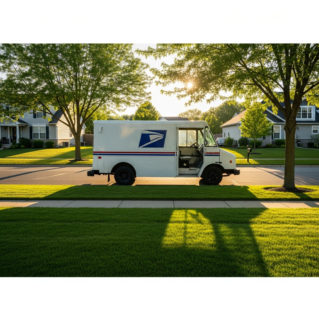A side view of a mail delivery truck parked on a quiet suburban street with the sun casting long shadows across the pavement and green grass.