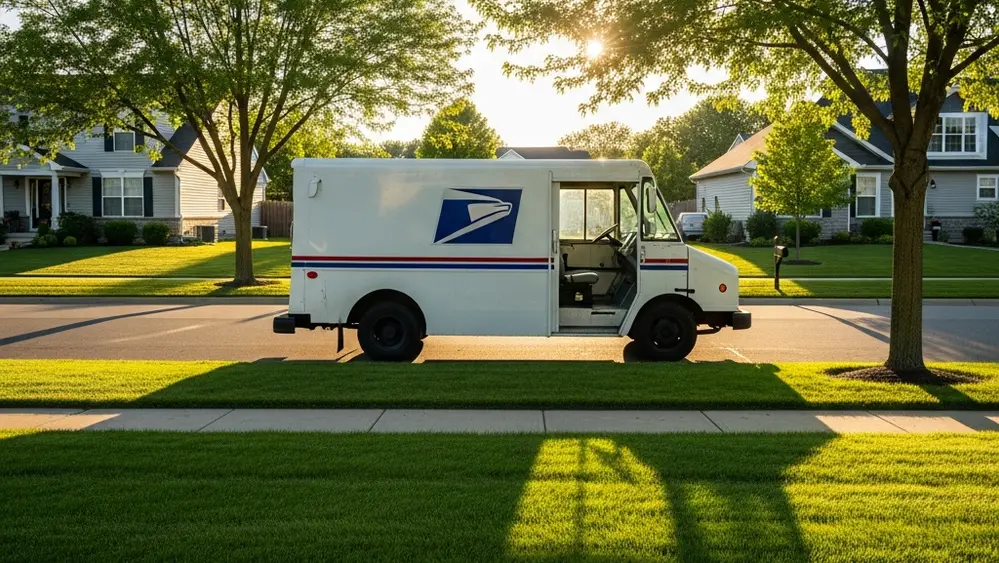 A side view of a mail delivery truck parked on a quiet suburban street with the sun casting long shadows across the pavement and green grass.