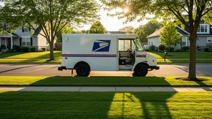 A side view of a mail delivery truck parked on a quiet suburban street with the sun casting long shadows across the pavement and green grass.
