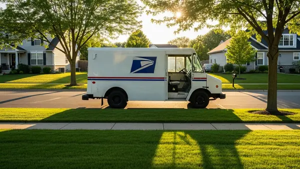 A side view of a mail delivery truck parked on a quiet suburban street with the sun casting long shadows across the pavement and green grass.