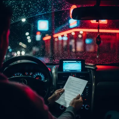 A blurry view of a car interior at night with neon lights from a nearby bar reflecting on the wet windshield.