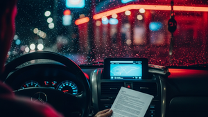 A blurry view of a car interior at night with neon lights from a nearby bar reflecting on the wet windshield.