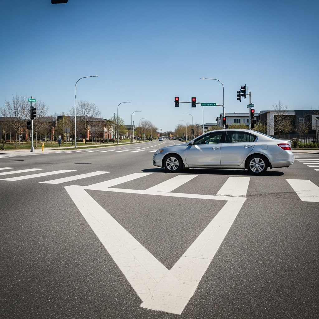A wide city street with a white painted crosswalk and a silver sedan stopped just before the lines under a clear blue sky.